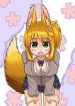  absurdres animal_ears blonde_hair blush breasts cleavage dog_days fox_ears fox_tail gankon green_eyes highres large_breasts long_hair open_mouth pleated_skirt ponytail skirt smile solo tail thighhighs uniform yukikaze_panettone 