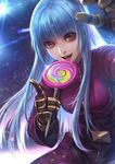  :d bangs blue_hair blunt_bangs blurry bodysuit breasts candy commentary depth_of_field dutch_angle food glint gloves highres holding holding_food holding_lollipop kula_diamond leaning_forward lights lollipop long_hair looking_at_viewer medium_breasts open_mouth pointing pointing_finger red_eyes smile solo sparkle swirl_lollipop tan_yau_lim the_king_of_fighters very_long_hair 