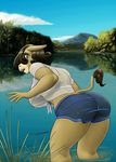  2017 bathing blue_eyes breasts brown_hair butt clothing cyrus_physhor donkey equine female forest hair invalid_tag lake looking_back mammal mountain open_mouth river shirt shorts side_boob solo translucent tree water wet 