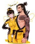  1girl ;) age_difference alternate_color alternate_costume alternate_hairstyle b.va_(overwatch) black_hair bodysuit breasts brown_eyes color_coordination cropped_legs d.va_(overwatch) ecila facial_hair goatee grey_hair hadanugi_dousa hair_bun hanzo_(overwatch) highres looking_at_viewer medium_breasts one_eye_closed overwatch pilot_suit short_hair single_sleeve smile thick_eyebrows topknot v yellow 