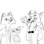  anthro black_and_white bow_tie bulletproof_vest canine clothed clothing crossed_arms demon disney female fox group half-closed_eyes hands_behind_back horn judy_hopps lagomorph male mammal monochrome nick_wilde pitchfork pointing police_uniform rabbit replytoanons simple_background size_difference smug uniform whiskers white_background zootopia 