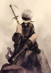  black_gloves blindfold boots choker double-breasted gloves long_sleeves male_focus nier_(series) nier_automata noeyebrow_(mauve) shorts silver_hair sitting socks solo sword weapon yorha_no._9_type_s 