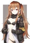  :3 bangs black_bra black_gloves black_panties black_ribbon black_scarf bow bow_bra bra breasts brown_hair cleavage closed_mouth eyebrows_visible_through_hair fingerless_gloves girls_frontline gloves grey_background hair_ornament hair_ribbon hairclip hood hoodie long_hair looking_at_viewer luse_maonang medium_breasts navel open_clothes open_hoodie panties red_eyes ribbon scarf shiny shiny_hair sidelocks simple_background smile solo twintails two-tone_background ump9_(girls_frontline) underwear upper_body very_long_hair white_background yellow_bow 
