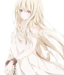  bare_shoulders blonde_hair chain cuffs hiro_(hirohiro31) long_hair looking_at_viewer original red_eyes shackles simple_background solo wings 