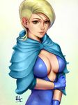  2017 artist_name blonde_hair blue_dress blue_eyes blue_gloves breasts cleavage commentary dress earrings gloves highres jewelry large_breasts lips original realistic sciamano240 solo undercut 
