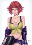  2016 bare_shoulders blue_eyes breasts cleavage code_geass headband highres jacket kallen_stadtfeld large_breasts lips midriff navel off_shoulder realistic red_hair sciamano240 short_hair short_shorts shorts solo thighhighs 