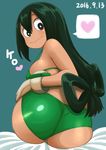  2016 :&gt; ass asui_tsuyu back bare_shoulders bed_sheet bikini black_eyes black_hair blue_background blush boku_no_hero_academia breasts dated frog_girl from_behind gloves green_bikini hand_on_hip heart image_sample long_hair looking_back looking_down low-tied_long_hair medium_breasts reonarudo16sei simple_background sitting smile swimsuit thought_bubble twitter_sample white_gloves 