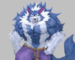  2017 abs angry anthro biceps big_muscles black_nose blue_fur canine clenched_teeth clothed clothing darkstalkers digital_media_(artwork) fangs flakjacket0204 fluffy fluffy_tail front_view fur grey_background half-length_portrait jon_talbain looking_at_viewer male mammal multicolored_fur muscular muscular_male pants pecs portrait sabertooth_(feature) sharp_teeth simple_background smile solo standing teeth topless two_tone_fur video_games walking wallpaper were werewolf white_fur yellow_eyes 