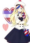  belt beret blonde_hair blue_dress blue_eyes blue_hair commandant_teste_(kantai_collection) cowboy_shot double-breasted dress french_flag hat heart kantai_collection long_hair looking_at_viewer multicolored multicolored_clothes multicolored_hair multicolored_scarf one_eye_closed pom_pom_(clothes) red_hair scarf solo standing streaked_hair yamashiki_(orca_buteo) 