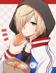  :t bad_id bad_pixiv_id bag blonde_hair checkered checkered_background eating food green_eyes hair_over_one_eye hood hoodie jacket male_focus omuretsu paper_bag pirozhki track_jacket yuri!!!_on_ice yuri_plisetsky 