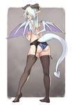  ass back blue_hair blue_panties brown_legwear demon_girl demon_horns demon_tail demon_wings from_behind full_body garter_belt hair_over_one_eye highres horns lace lace-trimmed_panties lace_trim legs_apart long_hair looking_at_viewer looking_back no_bra original panties parted_lips pink_lips pointy_ears red_eyes solo standing succubus tail thighhighs topless underwear vins-mousseux wings 