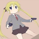 :/ bad_id bad_pixiv_id blazer blonde_hair blue_eyes blush brown_background brown_ribbon brown_skirt buttons closed_mouth collar collared_shirt commentary_request cowboy_shot dual_wielding dutch_angle expressionless eyebrows_visible_through_hair grey_jacket gun hair_between_eyes hair_ornament hair_ribbon handgun holding holding_gun holding_weapon jacket jitome kill_me_baby long_hair long_sleeves looking_at_viewer necktie okayparium pistol red_neckwear ribbon school_uniform shirt simple_background skirt solo sonya_(kill_me_baby) standing tan_background tareme twintails very_long_hair weapon white_shirt 