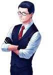  black_gloves black_hair crossed_arms glasses gloves hair_slicked_back joseph_oda kyon_(yae) male_focus necktie solo the_evil_within vest waistcoat 