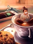  blurry brown_hair brown_pants cellphone closed_eyes cookie cup cyril_rolando depth_of_field drinking food hair_bun hair_pulled_back highres holding holding_cup holding_food in_container in_cup indian_style key keyring long_sleeves minigirl original pants partially_submerged phone saucer shirt short_hair sitting smartphone solo spoon table tea teacup white_shirt 