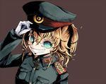  blonde_hair blue_eyes gloves grin hair_between_eyes hat hiba_(p-p-purin) looking_at_viewer military military_uniform short_hair simple_background smile solo tanya_degurechaff uniform youjo_senki 