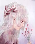  bangs bow closed_mouth crying eyebrows_visible_through_hair flower from_side fujiwara_no_mokou hair_bow hair_ribbon highres holding holding_flower long_hair mokoiscat plant red_eyes ribbon shirt silver_hair simple_background solo teardrop tears touhou upper_body very_long_hair white_shirt 