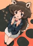  :3 :d akiyama_yukari animal_ears bad_id bad_pixiv_id bangs belt_collar black_footwear black_jacket blue_jacket blush brown_eyes brown_hair buckle buttons clenched_hands collar commentary_request dog_collar dog_ears dog_tail dot_nose eyebrows eyebrows_visible_through_hair from_above full_body girls_und_panzer green_shirt hands_up highres jacket kemonomimi_mode kneehighs long_sleeves looking_at_viewer looking_up messy_hair military military_uniform miniskirt okayparium ooarai_military_uniform open_mouth orange_background paw_print pleated_skirt pocket red_collar shadow shiny shiny_hair shiny_skin shirt shoes short_hair skirt smile socks solo standing tail tareme uniform white_skirt 