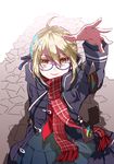  ahoge artoria_pendragon_(all) blonde_hair blue-framed_eyewear dark_persona fate/grand_order fate_(series) gift_card glasses google google_play highres jacket kyouna looking_at_viewer mysterious_heroine_x_(alter) pile plaid plaid_scarf red_scarf scarf school_uniform simple_background smile solo white_background yellow_eyes 