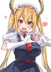  :d bangs blonde_hair blush breasts elbow_gloves eyebrows_visible_through_hair fangs gloves hair_between_eyes heart heart_hands horns kobayashi-san_chi_no_maidragon large_breasts long_hair looking_at_viewer maid maid_headdress open_mouth puffy_short_sleeves puffy_sleeves red_eyes shirako_miso short_sleeves simple_background slit_pupils smile solo tooru_(maidragon) twintails very_long_hair white_background white_gloves 