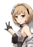  1girl bangs bare_shoulders between_breasts black_gloves black_hairband blush breasts brown_eyes brown_hair commentary_request djeeta_(granblue_fantasy) eyebrows_visible_through_hair gloves granblue_fantasy grey_jacket hairband half_gloves hand_up jacket large_breasts looking_at_viewer looking_to_the_side necktie necktie_between_breasts off_shoulder parted_lips red_neckwear rumiya9i shadow shirt sleeveless sleeveless_shirt smile solo upper_body v white_background 