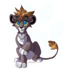  blue_eyes brown_hair feline feral fur grey_fur hair jewelry kitchiki lion male mammal necklace nude paws sitting 