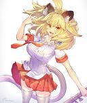  :d ahoge animal_ears arm_up artist_name bangs blonde_hair breasts checkered checkered_skirt commentary cowboy_shot eyebrows_visible_through_hair fangs floating_hair grey_background hair_between_eyes holding kemono_friends large_breasts lion_(kemono_friends) lion_ears lion_tail looking_at_viewer nadare-san_(nadare3nwm) open_mouth pleated_skirt red_skirt school_uniform short_sleeves signature silver_legwear skirt skirt_lift smile solo tail teeth thighhighs v-shaped_eyebrows white_legwear wind wind_lift zettai_ryouiki 