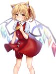  animal_ears ascot bangs blonde_hair buttons cat_ears cat_tail cowboy_shot flandre_scarlet hair_ribbon highres kemonomimi_mode orange_flan_495 puffy_short_sleeves puffy_sleeves red_eyes red_ribbon red_skirt ribbon short_sleeves side_ponytail skirt skirt_set solo sweatdrop tail touhou vest wings 