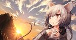  animal_ears beize_(garbage) cloud commentary_request cup forest grey_hair mountain mouse_ears mouse_tail mug nature open_mouth red_eyes short_hair sky solo steam tail upper_body 