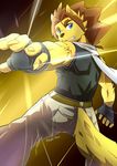  2017 5_fingers anthro armpits blue_eyes brown_hair clothed clothing fighting_pose fully_clothed gradient_background hair male mammal signature silvertain simple_background solo yellow_theme 