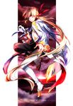  1boy boots cape character_name copyright_name gloves heterochromia multicolored_hair pants ponytail sorey_(tales) sword tales_of_(series) tales_of_zestiria very_long_hair weapon 