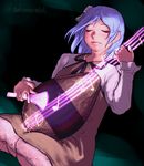  beamed_sixteenth_notes biwa_lute blue_hair brown_dress closed_eyes closed_mouth commentary_request dress dutch_angle eighth_note gengoroumaru_(ambidextrous) highres instrument long_sleeves lute_(instrument) music musical_note playing_instrument quarter_note seiza sitting solo touhou treble_clef tsukumo_benben twitter_username 