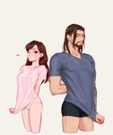  1girl ;3 age_difference arm_behind_back back-to-back black_hair breasts bridge_piercing briefs brown_hair covered_nipples cropped_legs d.va_(overwatch) earrings ecila facial_hair goatee grey_hair hair_down hanzo_(overwatch) heart jewelry long_hair male_underwear medium_breasts no_pants overwatch panties perky_breasts piercing shirt shirt_tug sweatdrop t-shirt tattoo taut_clothes taut_shirt underwear whisker_markings white_panties 