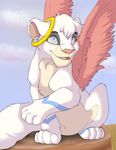  ambiguous_gender blue_eyes feathered_wings feathers feline feral fur hair kitchiki lion mammal nude open_mouth pink_feathers pink_nose sitting smile solo teeth tongue white_fur white_hair wings 