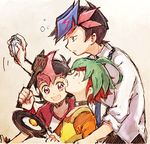  ahoge apron black_hair blue_hair child egg frying_pan fujiki_yuusaku green_eyes green_hair kurage2535 multicolored_hair multiple_boys pink_hair red_eyes red_hair sakaki_yuuya spatula time_paradox tsukumo_yuuma younger yuu-gi-ou yuu-gi-ou_arc-v yuu-gi-ou_vrains yuu-gi-ou_zexal 