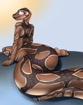  anthro blush brown_scales claws derangedrake feet female long_tail nude rear_view reptile scales scalie simple_background snake solo 