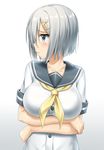  absurdres blue_eyes collarbone crossed_arms gradient gradient_background hair_ornament hairpin hamakaze_(kantai_collection) highres kantai_collection looking_away md5_mismatch nedia_(nedia_region) pleated_skirt pout resized school_uniform serafuku short_hair short_sleeves silver_hair simple_background skirt solo upscaled 