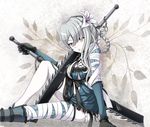  bandages braid breasts cleavage flower hair_flower hair_ornament kaine_(nier) large_breasts lily_(flower) long_hair looking_at_viewer nier nier_(series) parted_lips revision silver_hair single_braid sitting solo sword tk8d32 weapon white_skin 