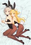  :d absurdres anastasia_(idolmaster) animal_ears ass bangs bare_arms bare_shoulders bed_sheet black_bow black_footwear black_hairband black_leotard black_neckwear blonde_hair blue_eyes blunt_bangs bow bowtie breasts brown_legwear bunny_ears bunny_girl bunny_tail bunnysuit cleavage closed_mouth detached_collar eyebrows_visible_through_hair fake_animal_ears fake_tail from_above green_eyes hairband high_heels highres idolmaster idolmaster_cinderella_girls jougasaki_rika leotard looking_at_viewer looking_up lying medium_breasts multiple_girls on_side ooyari_ashito open_mouth palms_together pantyhose pillow scan shiny shiny_skin shoes short_hair silver_hair smile strapless strapless_leotard tail two_side_up wrist_cuffs 