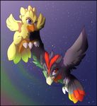  avian chocobo_tales duo feathered_wings feathers flying kitchiki purple-eyes red_eyes sky star starry_sky wings 