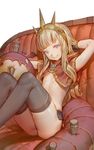  arm_guards arm_up ass bangs bat_wings black_legwear blonde_hair blue_eyes blunt_bangs cagliostro_(granblue_fantasy) closed_mouth couch flat_chest granblue_fantasy hairband hand_behind_head hand_in_hair highres knees_up long_hair looking_at_viewer no_bra no_panties on_couch pink_lips simple_background sitting smile solo spiked_hairband spikes stuffed_toy tareme thighhighs tim_loechner white_background wings 