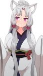  1girl animal_ears bangs blush bow breasts closed_mouth commentary grey_bow grey_hair grey_kimono hair_bow highres japanese_clothes kimono large_breasts long_hair long_sleeves obi parted_bangs ponytail purple_eyes sash simple_background sleeves_past_fingers sleeves_past_wrists solo standing sumiyao_(amam) touhoku_itako very_long_hair voiceroid white_background wide_sleeves 