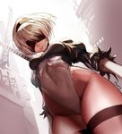  blindfold breasts covered_navel highleg highleg_leotard hyury leotard looking_at_viewer looking_down mole mole_under_mouth nier_(series) nier_automata parted_lips perspective small_breasts sword sword_behind_back thighhighs weapon weapon_on_back yorha_no._2_type_b 