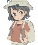  :o backpack bag black_eyes black_gloves black_hair blush blush_stickers commentary_request eyebrows_visible_through_hair gloves hat hat_feather helmet jpeg_artifacts kaban_(kemono_friends) kemono_friends looking_to_the_side nose_blush onigiri_(ginseitou) open_mouth pith_helmet red_shirt shirt short_hair short_sleeves shorts simple_background sketch solo tareme upper_body white_background 