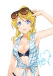  :p arm_at_side armpits ayase_eli bikini blonde_hair blue_eyes blush breasts character_name cleavage cowboy_shot eyewear_on_head highres jyon love_live! love_live!_school_idol_project medium_breasts shirt simple_background skindentation solo sunglasses swimsuit swimsuit_under_clothes tied_shirt tongue tongue_out white_background 