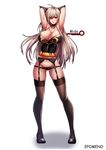  arms_behind_head artist_name belt black_legwear bow bow_panties breasts bustier collar contrapposto dungeon_and_fighter eyes_visible_through_hair female_slayer_(dungeon_and_fighter) garter_belt grey_hair hair_between_eyes huge_breasts long_hair looking_at_viewer lowleg lowleg_panties mistrie panties parted_lips red_eyes solo spaghetti_strap standing thighhighs underwear 