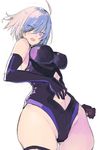  ahoge ass_visible_through_thighs black_gloves black_legwear breasts covering_navel elbow_gloves eyebrows_visible_through_hair eyes_visible_through_hair fate/grand_order fate_(series) from_below gloves hair_over_one_eye hareno_chiame impossible_clothes impossible_leotard large_breasts lavender_hair leotard mash_kyrielight navel_cutout open_mouth purple_eyes short_hair simple_background sketch solo thighhighs white_background 