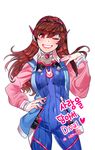  animal_print bad_id bad_pixiv_id bangs blue_bodysuit bodysuit breasts brown_eyes brown_hair bunny_print covered_navel cowboy_shot d.va_(overwatch) eyebrows_visible_through_hair facepaint facial_mark futo_20 grin hand_on_hip headphones heart jacket korean legs_apart long_hair long_sleeves looking_at_viewer medium_breasts nail_polish one_eye_closed overwatch pilot_suit pink_jacket pink_nails pose ribbed_bodysuit simple_background skin_tight smile solo swept_bangs translation_request whisker_markings white_background 