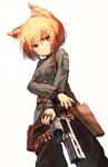  animal_ears beize_(garbage) belt blonde_hair blush bullet character_request commentary_request copyright_request cowboy_shot frown gun handgun highres holding holster long_sleeves looking_at_viewer red_eyes revolver short_hair solo weapon 