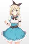  alice_(wonderland) alice_in_wonderland aqua_skirt arms_at_sides bangs black_ribbon blonde_hair blouse blush breasts brown_eyes closed_mouth commentary cowboy_shot eyebrows_visible_through_hair frilled_skirt frills gradient gradient_background hair_ribbon hand_on_own_chest highres kuran_(yourcatissick) looking_at_viewer medium_breasts original puffy_short_sleeves puffy_sleeves ribbon short_hair short_sleeves skirt smile solo suspender_skirt suspenders swept_bangs thighhighs white_blouse white_legwear wrist_ribbon zettai_ryouiki 