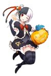  ;p acquire-chan acquire_corp bangs black_gloves black_hair blunt_bangs braid candy dress elbow_gloves eyebrows_visible_through_hair food full_body gloves high_heels highres holding jack-o'-lantern lollipop long_hair looking_at_viewer multicolored_hair one_eye_closed red_eyes short_sleeves solo strapless strapless_dress striped striped_legwear thighhighs tongue tongue_out transparent_background twin_braids vertical_stripes 